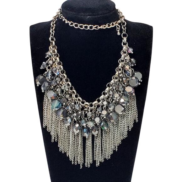 Vintage Faceted Matte and Shiny Labradorite Beads Bib Necklace with Fringe 16" - Picture 3 of 6